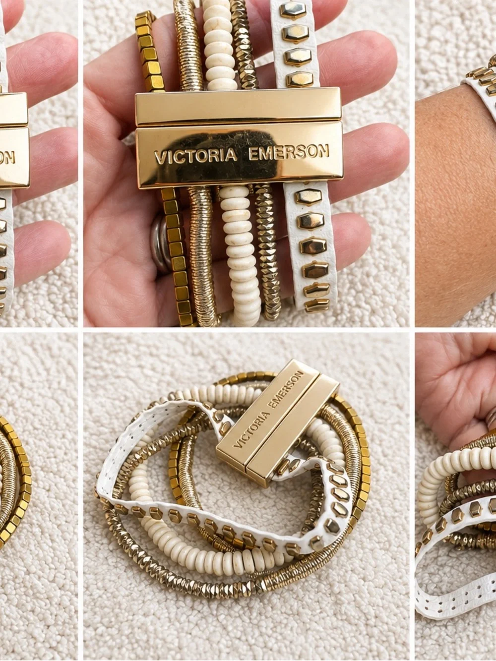 Victoria Emerson Multi-Strand Boho Cuff Bracelet | White & Gold Layered